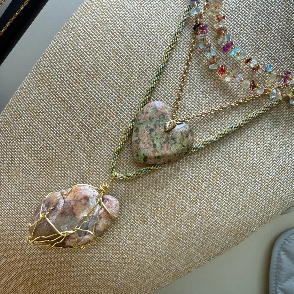 Boho Earthy Crystal Heart Layered Necklace Bundle Lot of 3 Unbranded